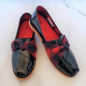 Toms Black Patent Leather with Red Plaid Bow